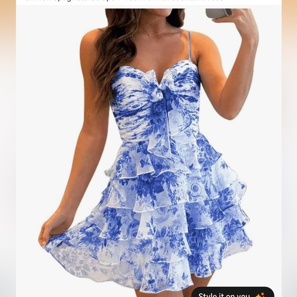 Elegant Blue Floral Ruffle Dress